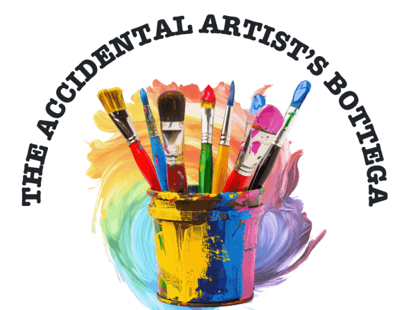 Paintbrushes coated in vibrant colors rest in a splattered can, surrounded by a rainbow paint swirl. Text above reads "The Accidental Artist's Bottega."