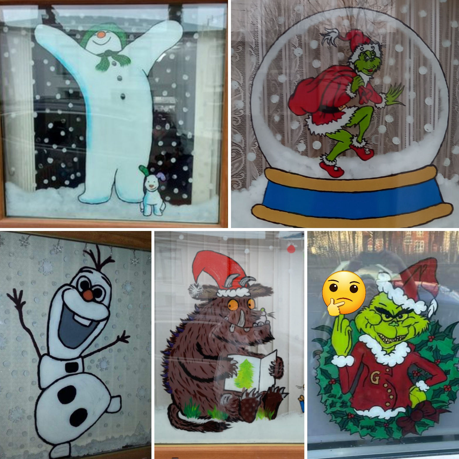 Assorted festive window paintings show a snowman, The Grinch in a snow globe, Olaf from Frozen, a Gruffalo in a Santa hat, and The Grinch in a wreath.