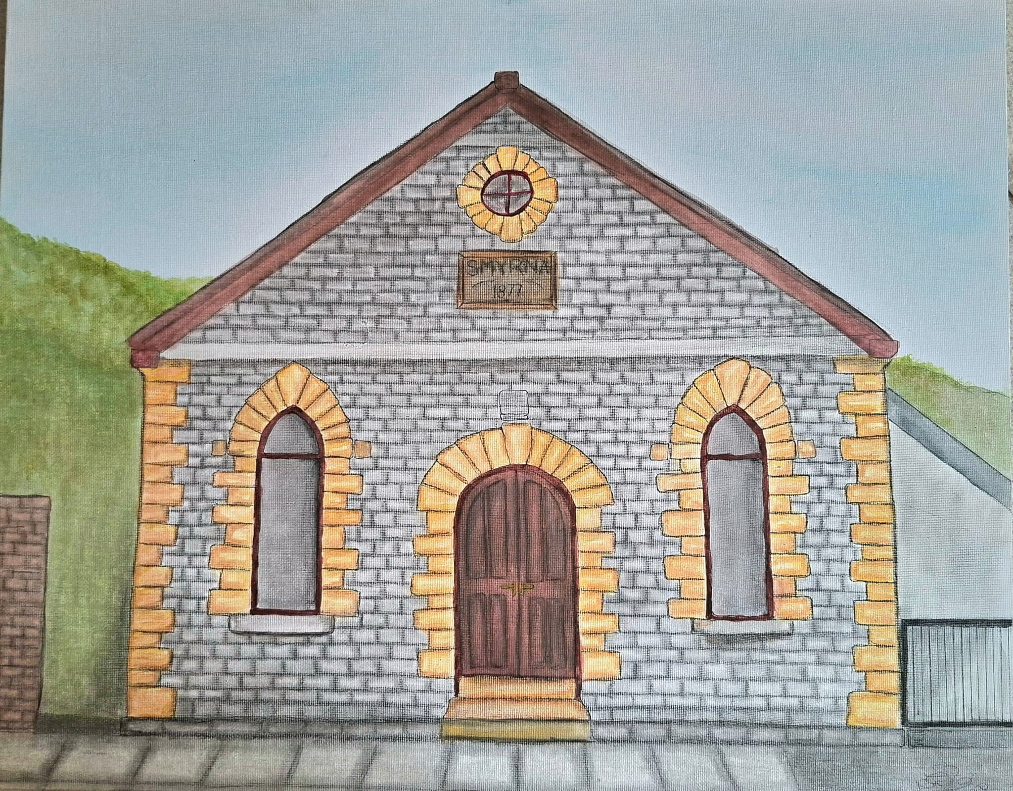 A watercolour painting of Smyrna by Nicola Hill, a quaint grey stone chapel with arched windows and a wooden door