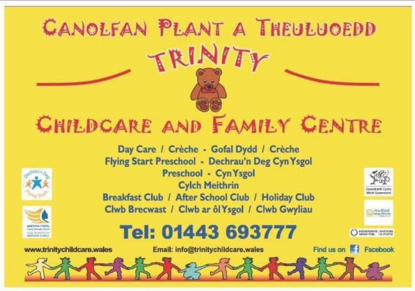Yellow promotional poster for "Trinity Childcare and Family Centre" featuring a teddy bear logo. Lists services like daycare and preschool, with contact details. Playful tone.